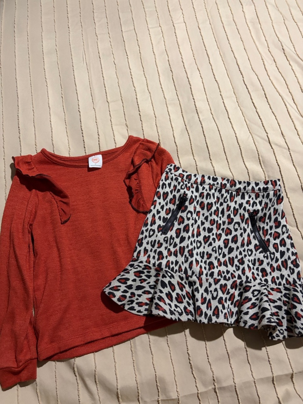 wonder nation Rust Red Ruffle Long Sleeve Top with Leopard Print Skirt